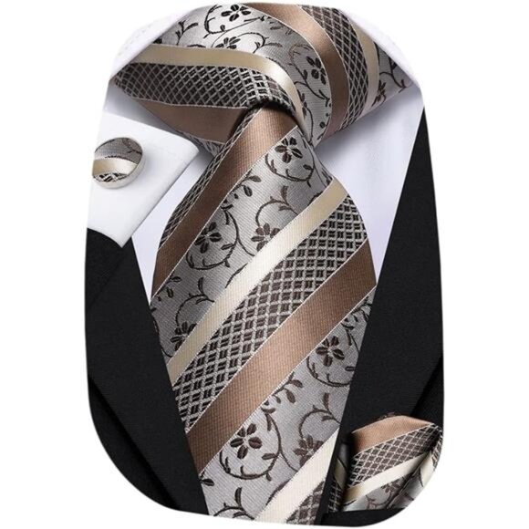 Mens Silk Paisley Necktie and Pocket Square Cufflinks Set for Wedding Business - Picture 7 of 7
